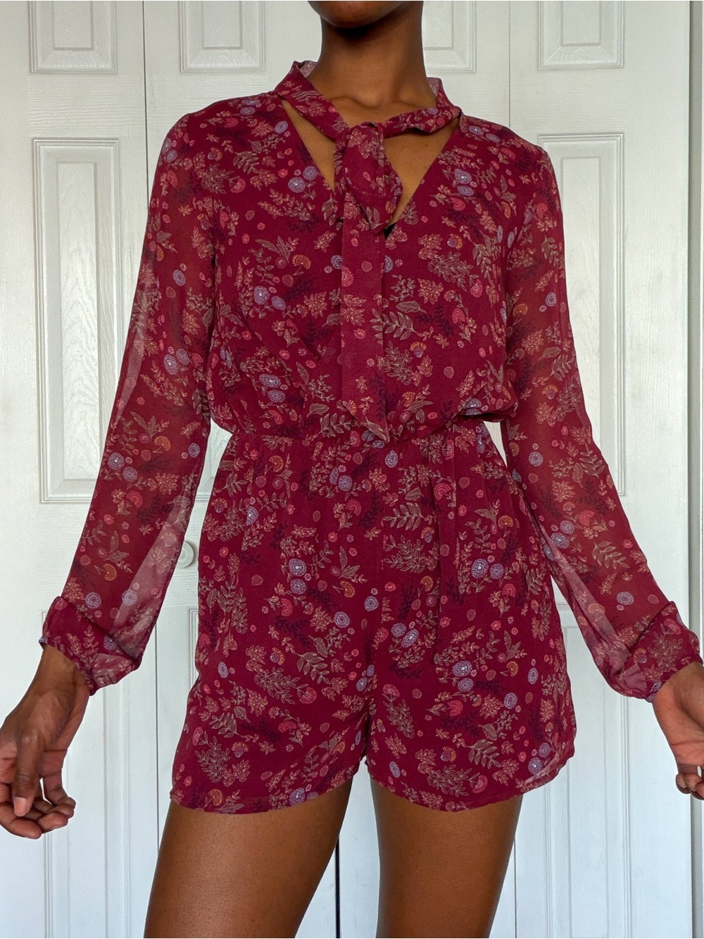 BCBGeneration Burgundy Floral Long-Sleeve Romper